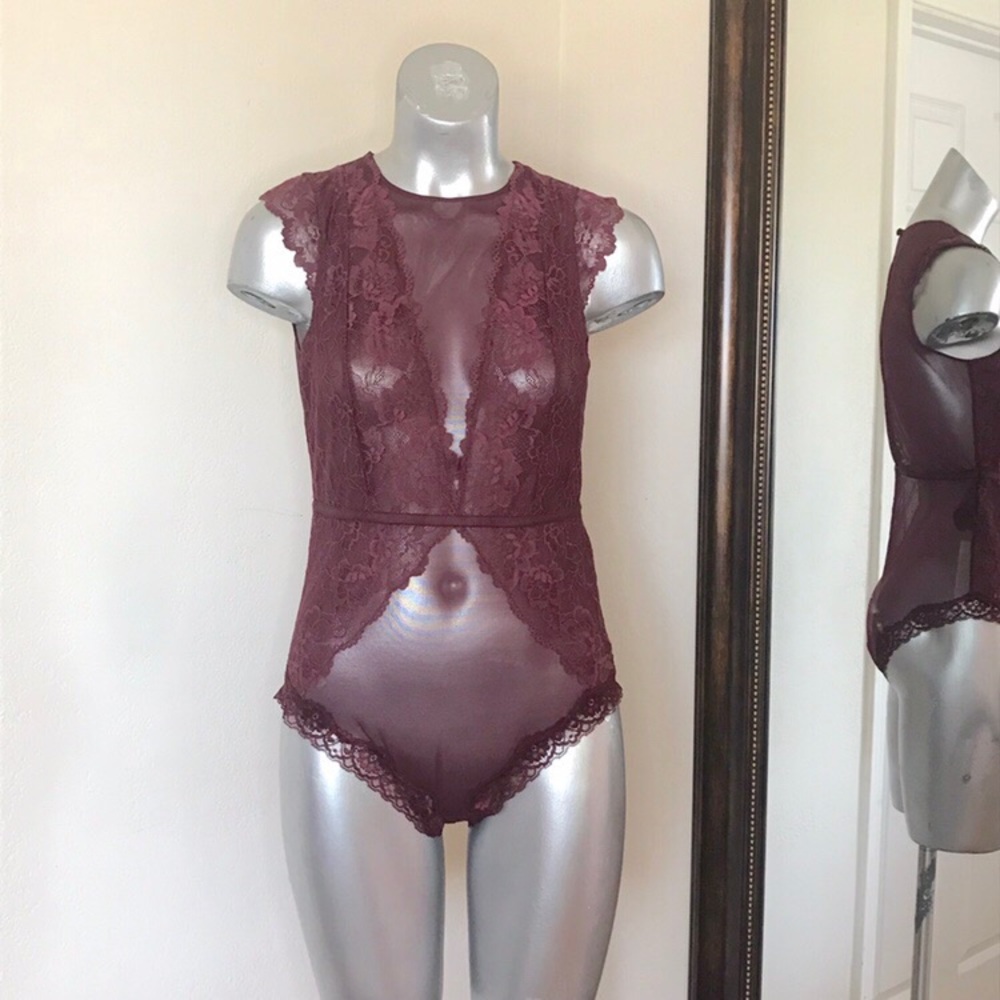 NWT wine color see through lace teddy bodysuit